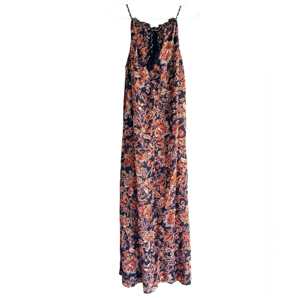 Xhileration Floral Maxi Boho Dress - Navy & Orange Floral. Tassel Ties & Slits - Picture 3 of 11